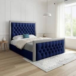 Casani Thorpe Glitter Border Upholstered Blue Soft Velvet Designer Bed Frame - Size: Double - thumbnail 1
