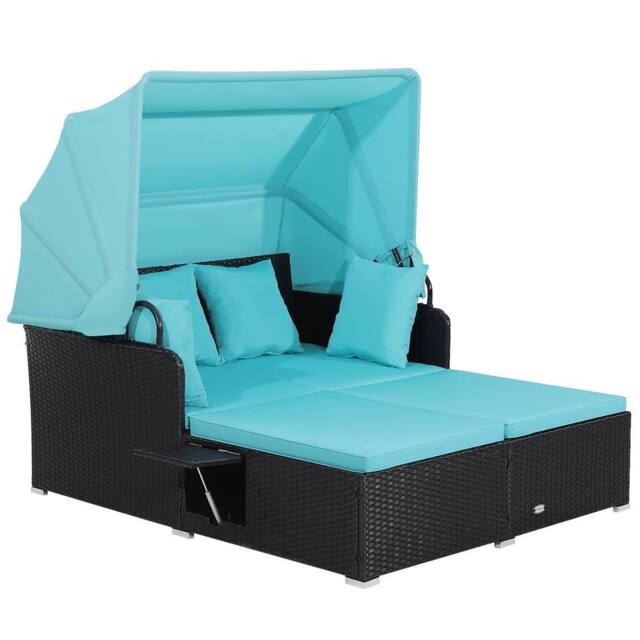 Gymax Patio Loveseat Sun Lounger Hand-Woven PE Wicker Day Bed With Canopy in Turquoise - image 1
