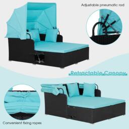 Gymax Patio Loveseat Sun Lounger Hand-Woven PE Wicker Day Bed With Canopy in Turquoise - thumbnail 3