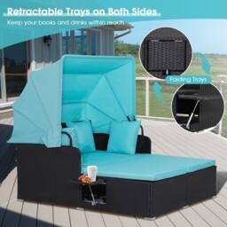 Gymax Patio Loveseat Sun Lounger Hand-Woven PE Wicker Day Bed With Canopy in Turquoise - thumbnail 4