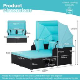 Gymax Patio Loveseat Sun Lounger Hand-Woven PE Wicker Day Bed With Canopy in Turquoise - thumbnail 2