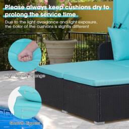 Gymax Patio Loveseat Sun Lounger Hand-Woven PE Wicker Day Bed With Canopy in Turquoise - thumbnail 5