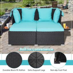 Gymax Patio Loveseat Sun Lounger Hand-Woven PE Wicker Day Bed With Canopy in Turquoise - thumbnail 6