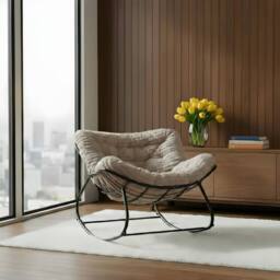 OHS Ribbed Faux Fur Rocking Chair Upholstered Metal Frame Cushioned in Natural - thumbnail 2