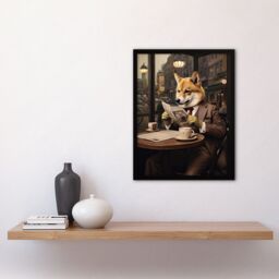 "Artery8 Wall Art Print Shiba Inu Coffee Shop Cafe Reading Newspaper Formal Dress Art Framed in Black - Size: W12"" x H16""" - thumbnail 4