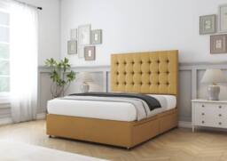 "Sloomy Alabama Plush Divan Bed Base No Drawers - 26"" Strutted Headboard in Mustard - Size: Small Double" - thumbnail 3
