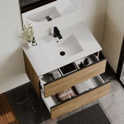 Banyetti Akiro 800mm Wall Hung Vanity with Lira Basin - Walnut in Light Brown - thumbnail 1