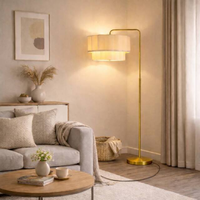 CGC Lighting Kyra Brushed Gold Angled Floor Lamp with Two Layer Scalloped Lampshade in Cream - image 1