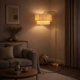 CGC Lighting Kyra Brushed Gold Angled Floor Lamp with Two Layer Scalloped Lampshade in Cream - thumbnail 2