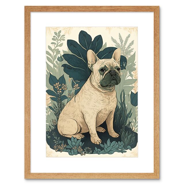 "Artery8 Wall Art Print French Bulldog & Tropical Plants Modern Pastel Colour Boho Artwork Framed 9X7 Inch in Beige - Size: W7"" x H9""" - image 1