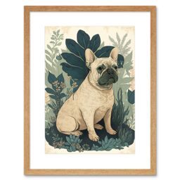 "Artery8 Wall Art Print French Bulldog & Tropical Plants Modern Pastel Colour Boho Artwork Framed 9X7 Inch in Beige - Size: W7"" x H9""" - thumbnail 1