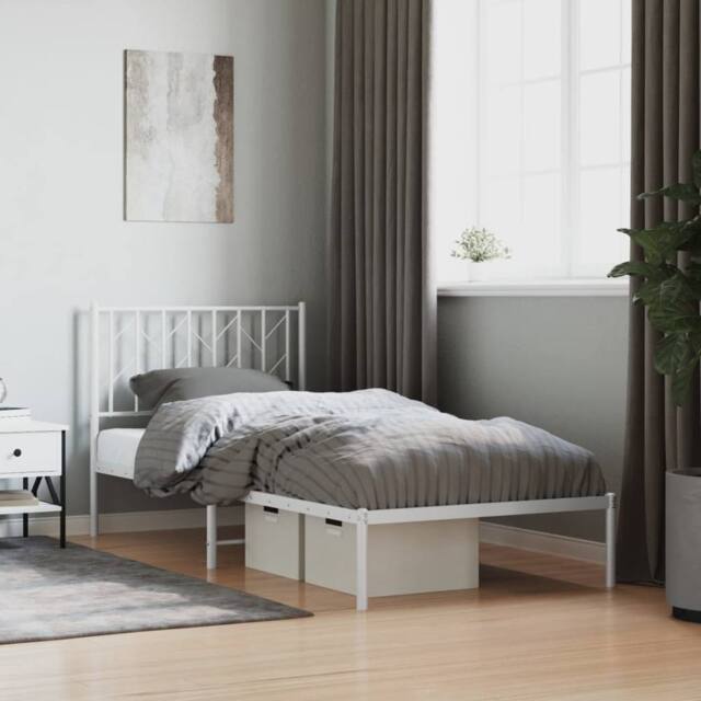 Berkfield Home Metal Bed Frame without Mattress with Headboard White 90x190cm - Size: 90x190 cm - image 1