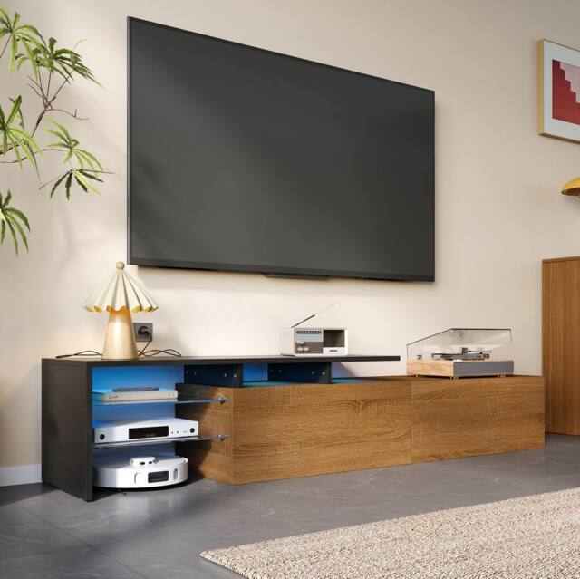 STILVORA TV Stand with LED, 170 cm, Black & Natural - image 1