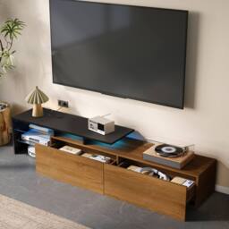 STILVORA TV Stand with LED, 170 cm, Black & Natural - thumbnail 3