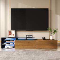 STILVORA TV Stand with LED, 170 cm, Black & Natural - thumbnail 2