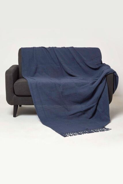 Homescapes Kashi Cotton Throw with Tassels in Navy - Size: 255 cm x 360 cm - image 1