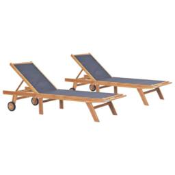 Berkfield Home Beautiful Folding Sun Loungers with Wheels 2 pcs Solid Teak & T in Brown - thumbnail 2