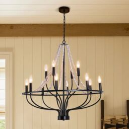 Garwarm 12-Light Dimmable Wagon Wheel Chandelier with Beaded Accents in Black