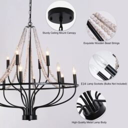Garwarm 12-Light Dimmable Wagon Wheel Chandelier with Beaded Accents in Black - thumbnail 7