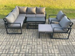 Fimous 10 Seater Aluminium Outdoor Garden Furniture Set Patio Lounge Sofa with Oblong Coffee Table 3 Footstools Dark Grey - thumbnail 2