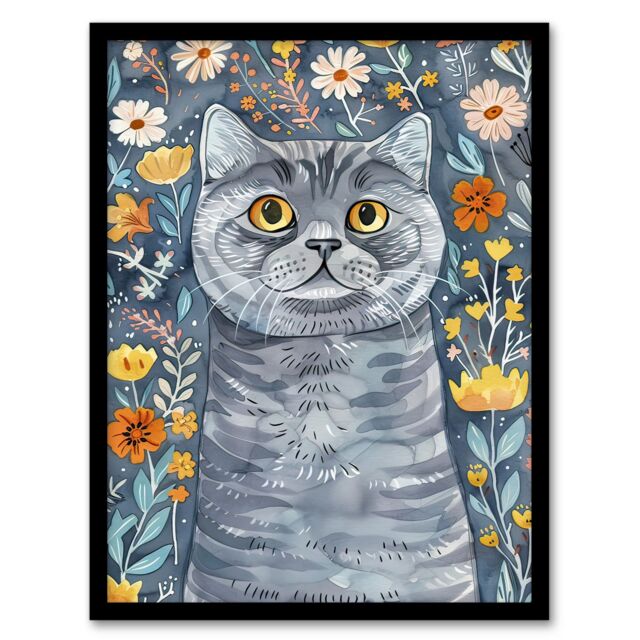 Artery8 Cute Blue British Shorthair Cat Lover Floral Pet Framed Wall Art - Size: A4 - image 1