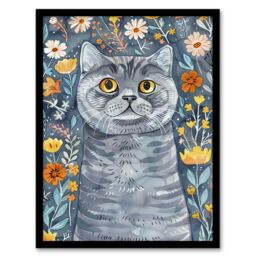 Artery8 Cute Blue British Shorthair Cat Lover Floral Pet Framed Wall Art - Size: A4 - thumbnail 1