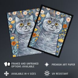 Artery8 Cute Blue British Shorthair Cat Lover Floral Pet Framed Wall Art - Size: A4 - thumbnail 2