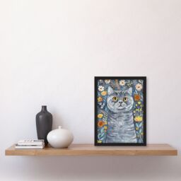 Artery8 Cute Blue British Shorthair Cat Lover Floral Pet Framed Wall Art - Size: A4 - thumbnail 4