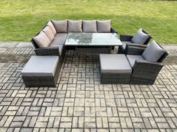 Fimous 10 Seater High Back Rattan Garden Furniture Set Corner Sofa With Rectangular Dining Table 2 Arm Chairs 2 Big Footstool in Dark Grey - thumbnail 1