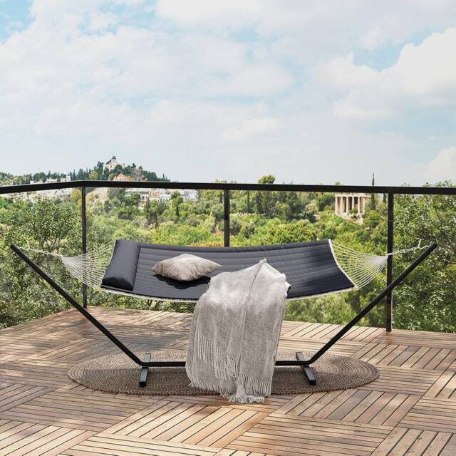London Boutique Double Hammock w/ Stand & Pillow 2 Person Hammock Bed w/ Removable Pad in Grey - image 1