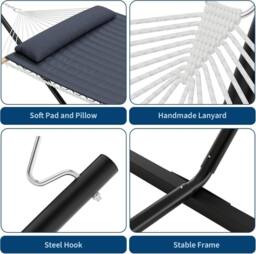 London Boutique Double Hammock w/ Stand & Pillow 2 Person Hammock Bed w/ Removable Pad in Grey - thumbnail 6