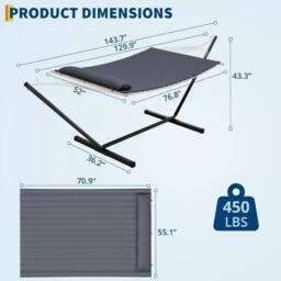 London Boutique Double Hammock w/ Stand & Pillow 2 Person Hammock Bed w/ Removable Pad in Grey - thumbnail 3