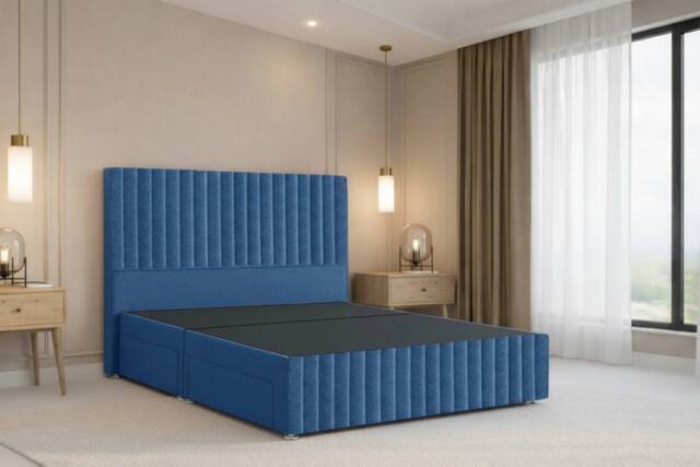 "Nexus Mattresses Ltd Verona Plush Divan Bed Base No Drawers - 12"" Footboard & 54"" Headboard in Navy - Size: Small Double" - image 1