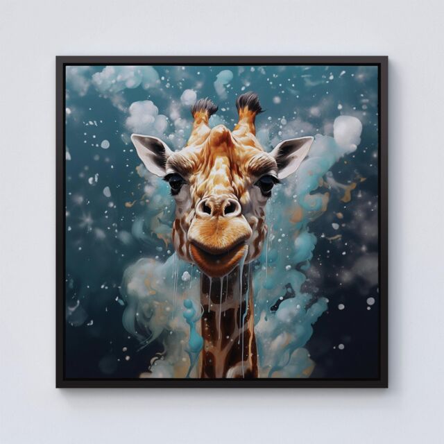 "Warren Reed - Designer Splashart Giraffe Face Framed Canvas in Black - Size: W16"" x H16""" - image 1