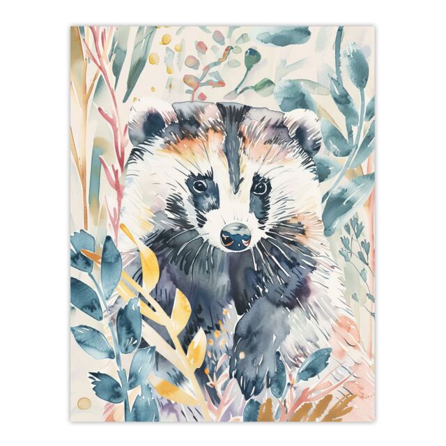 "Artery8 Cute Badger Botanical Watercolour Soft Woodland Wall Art Print - Size: W24"" x H32""" - image 1