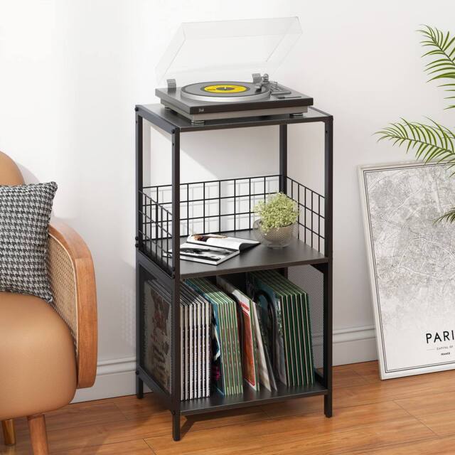 Huhote Record Player Stand With Storage Vinyl Turntable Stand 3 Tier Cabinet in Black - image 1