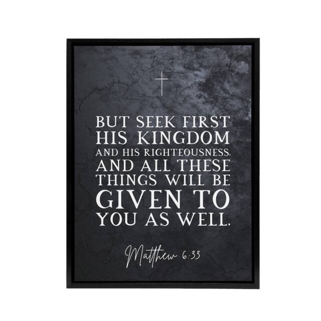 "Artery8 Matthew 6 33 See First His Kingdom Bible Quote Framed Canvas Wall Art Print in Grey - Size: W12"" x H16""" - image 1
