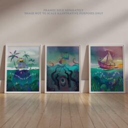 Wee Blue Coo Pack of 3 Kids Bedroom Sailor Sea Pirate Treasure Fun Adventure Colourful Nautical Unframed Wall Art Living Room Prints Set in Blue - thumbnail 6