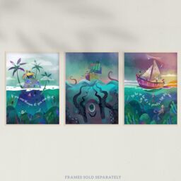 Wee Blue Coo Pack of 3 Kids Bedroom Sailor Sea Pirate Treasure Fun Adventure Colourful Nautical Unframed Wall Art Living Room Prints Set in Blue - thumbnail 5