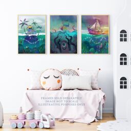 Wee Blue Coo Pack of 3 Kids Bedroom Sailor Sea Pirate Treasure Fun Adventure Colourful Nautical Unframed Wall Art Living Room Prints Set in Blue - thumbnail 2