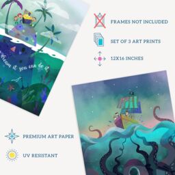 Wee Blue Coo Pack of 3 Kids Bedroom Sailor Sea Pirate Treasure Fun Adventure Colourful Nautical Unframed Wall Art Living Room Prints Set in Blue - thumbnail 4