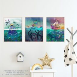 Wee Blue Coo Pack of 3 Kids Bedroom Sailor Sea Pirate Treasure Fun Adventure Colourful Nautical Unframed Wall Art Living Room Prints Set in Blue - thumbnail 3