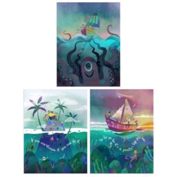Wee Blue Coo Pack of 3 Kids Bedroom Sailor Sea Pirate Treasure Fun Adventure Colourful Nautical Unframed Wall Art Living Room Prints Set in Blue - thumbnail 1