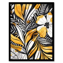 "Artery8 Plant Lover Fern Flower Bloom Black Gold White Framed Art Print in Yellow - Size: W12"" x H16""" - thumbnail 1