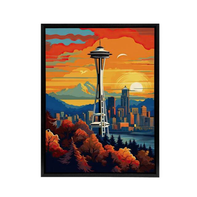 "Artery8 Seattle Washington Space Needle Framed Canvas Wall Art Print in Orange - Size: W12"" x H16""" - image 1