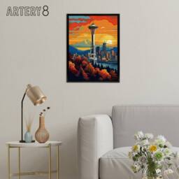 "Artery8 Seattle Washington Space Needle Framed Canvas Wall Art Print in Orange - Size: W12"" x H16""" - thumbnail 3