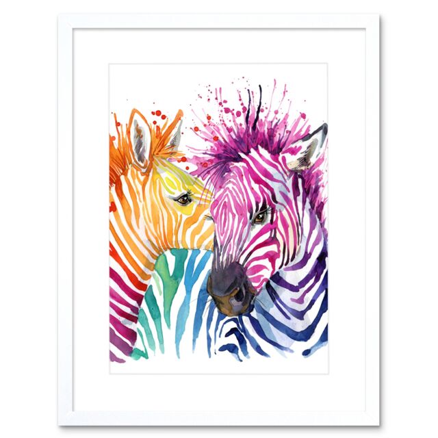 "Artery8 Wall Art Print Rainbow Zebra Painting Art Framed 9x7 inch in White - Size: W7"" x H9""" - image 1