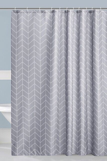 Neel Blue Grey Chevron Polyester Shower Curtain, Water-Resistant Bathroom Curtain with 12 Hooks - 180x180cm - Size: 180 cm width x 180 cm drop - image 1