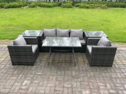 Fimous 5 Seater Rattan Outdoor Furniture Garden Dining Set with Oblong Dining Table 2 Armchairs 2 Side Tables in Dark Grey - thumbnail 1