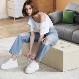 Dprodo Linen Storage Ottoman Folding Foot Rest Stool, 110cm x 38cm x 38cm in Beige - Size: 110 cm x 38 cm x 38 cm - thumbnail 2